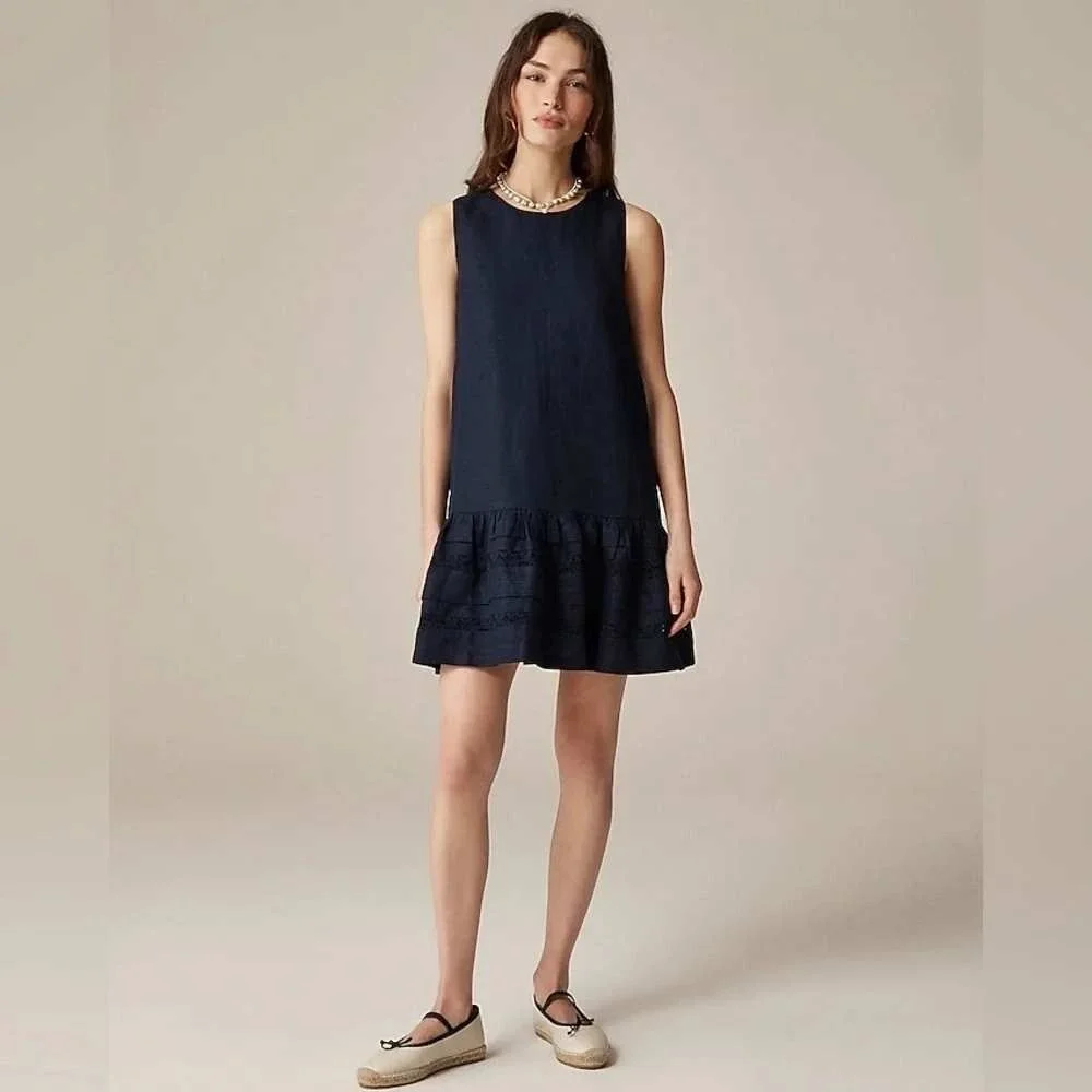 J. Crew Black Large Sleeveless Maxine ruffle-trim Shift dress Linen Sz L NWT